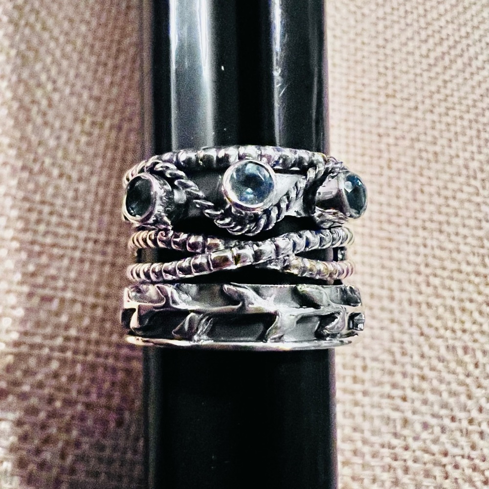 Blue Topaz 3 Stones & Sterling Silver Band Ring Size 7
